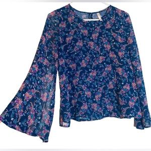 Girls‎ Flowy Floral Sheer Bell Long Sleeve Top XL EUC​